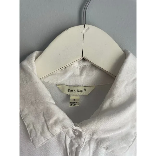 Sim & Sam White‎ Cream Rayon Short Sleeve Peter Pan Collar Button Down Blouse S - Image 6