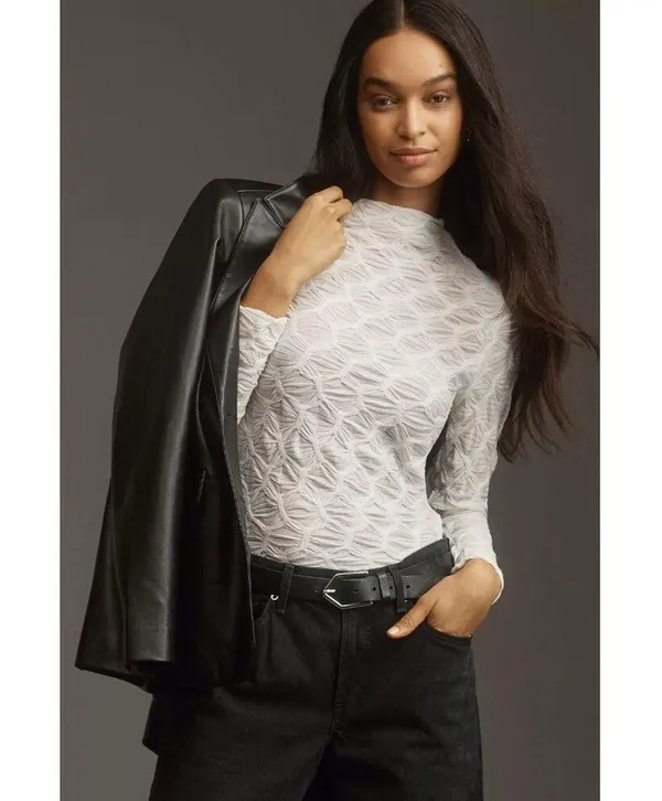 Anthropologie Maeve Talia Long Sleeve Mock Neck Textured Top in Ivory Women's S - Image 10