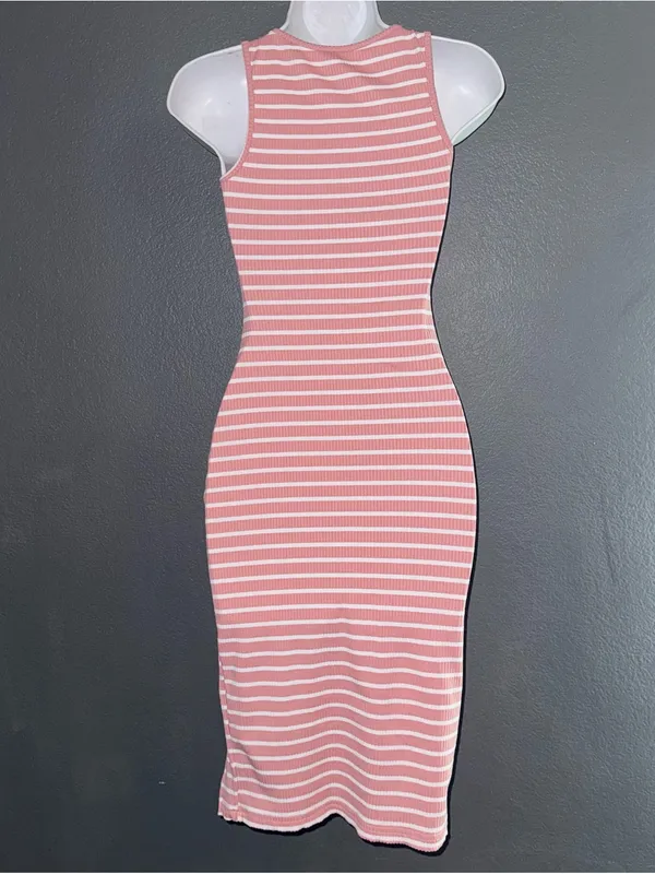 Women’s Pink & White Striped Midi Sundress Bodycon Dress size Small - Medium - Image 5