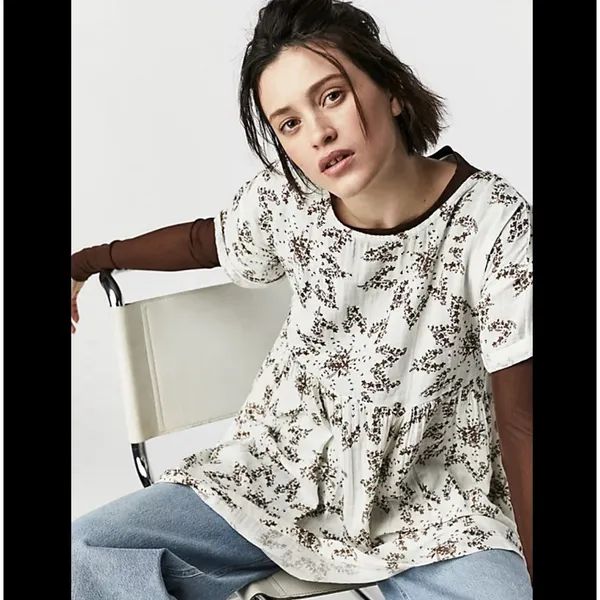 Free People Belezza Printed Babydoll Mini Dress Cream Scoop Neck Size Large - Image 7
