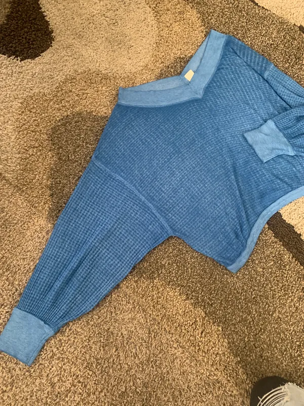 Free People Size XS, Blue Waffle Sweater Top - Image 5