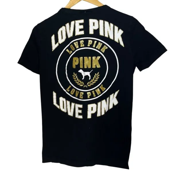 Victoria's‎ Secret Pink Women's XS T-Shirt Black Neck Lacing Dog Logo Love Pink - Image 3
