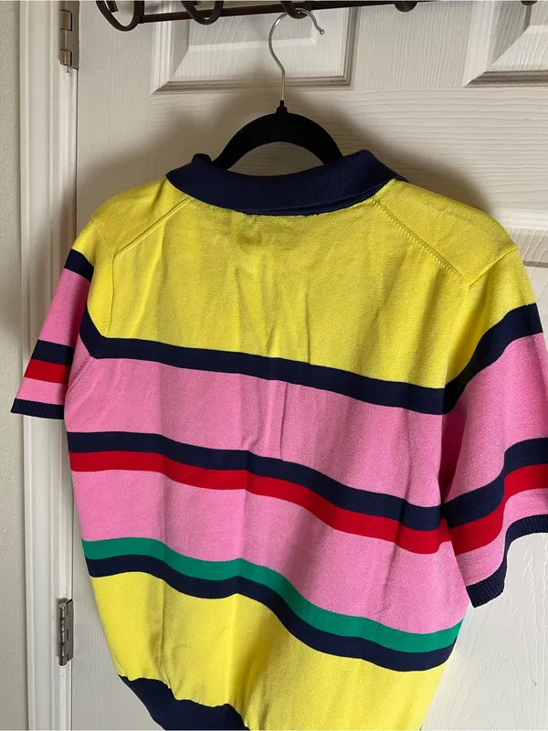 NWT Zara Multi-Stripe Short Sleeve Knit Polo Sweater Top Yellow Pink Blue Large - Image 7
