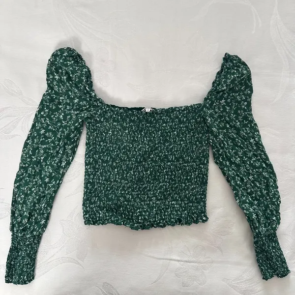Reformation‎ Womens Size S Pinto Floral Top Green Ditsy Print Smocked Cropped - Image 8