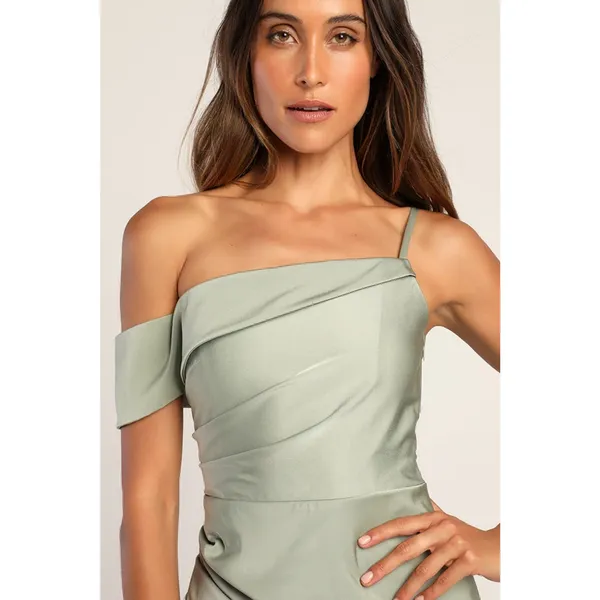 Lulus Showing Off a Little Sage Green Asymmetrical Tulip Midi Dress Wedding XS - Image 5