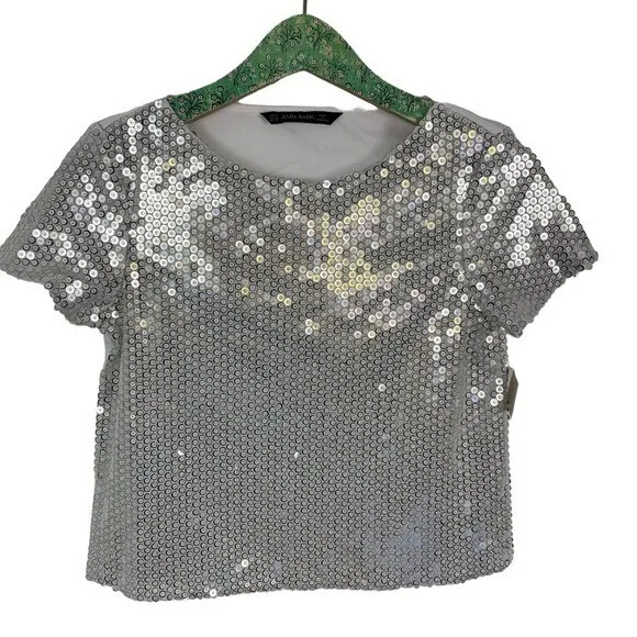 Zara‎ Basic Silver Sequin Crop Top Party Sparkly Glam Festival XS - Image 3