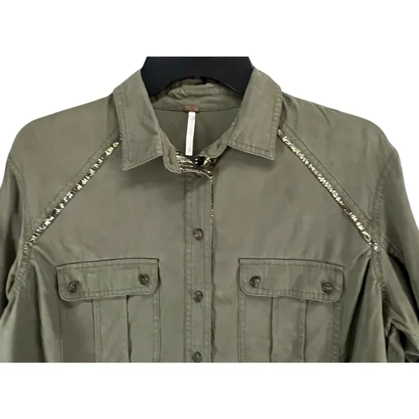 Free People Off Campus Shirt Womens XS Moss‎ Green Tencel Metallic Boho Utility - Image 4