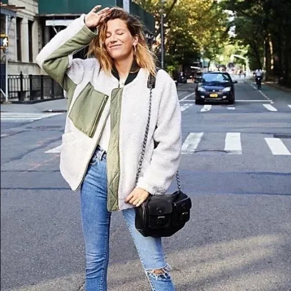 NWT Free People Rivington Sherpa jacket in green cream desert combo - Image 3