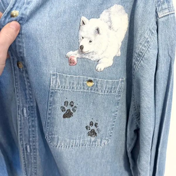 Vintage Luna Pier Denim Blue Shirt with Husky Dog Animal Design LARGE - Image 2