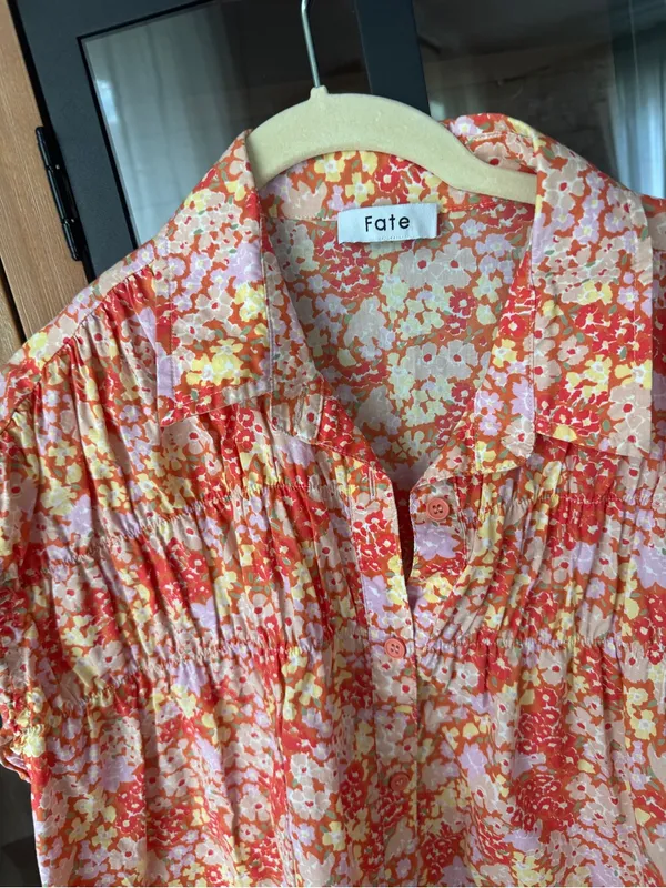 Fate smocked cotton floral blouse top ditsy short sleeve button down collar mock - Image 3