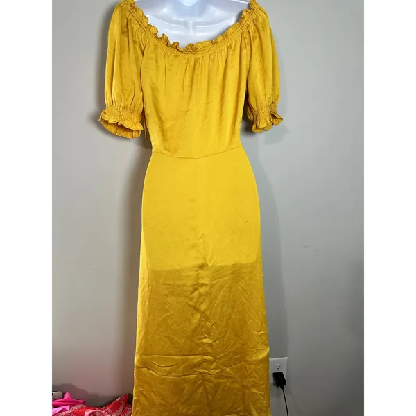 Farrow Yellow Satin Ruffle Tie Neck‎ Midi Dress Size M - Image 6