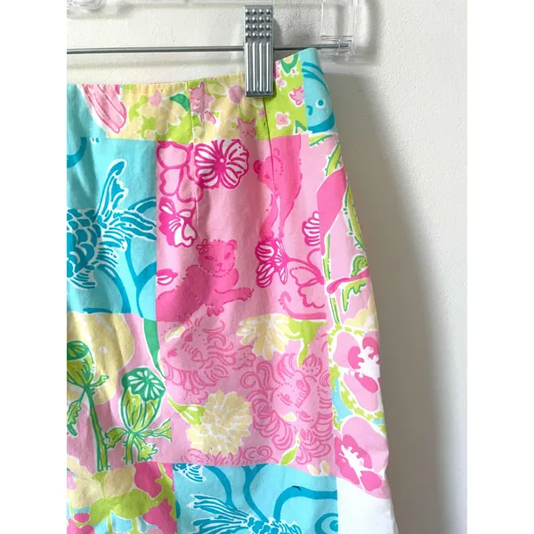 Lilly Pulitzer Vintage Patchwork Floral Animal Mini Skirt Pink Blue Size 2 - Image 3