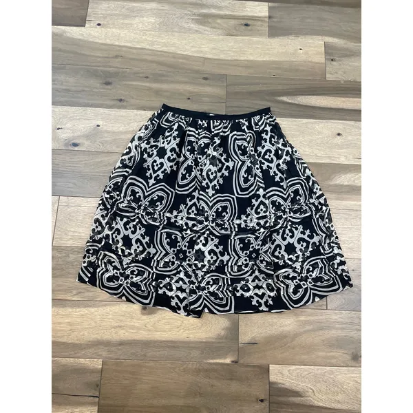 J.Crew Silk Chiffon Midi Skirt Size 8 Black Cream Boho Print Lined - Image 3