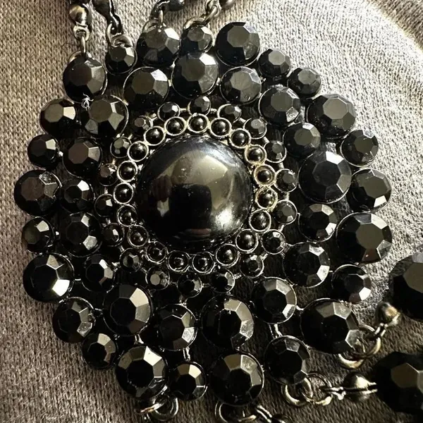 Long multi strand black beaded flower necklace - Image 2