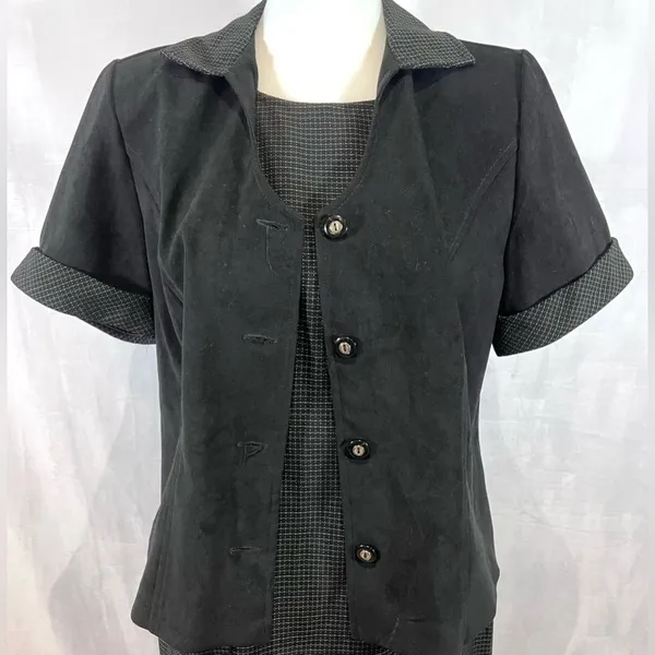 Vintage Sag Harbor black patterned dress maxi dress jacket suit size petite 10P - Image 2