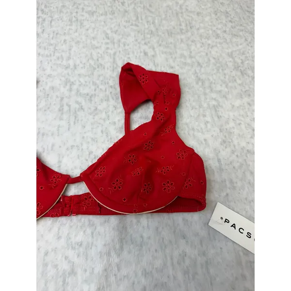 PacSun Red Eyelet Underwire Bikini Top Floral Embroidered Ruffle XS‎ NEW - Image 2