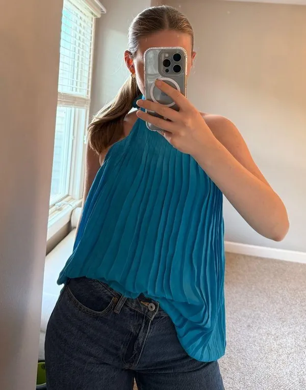 Alice + Olivia Blue Pleated Halter Blouse - Image 2