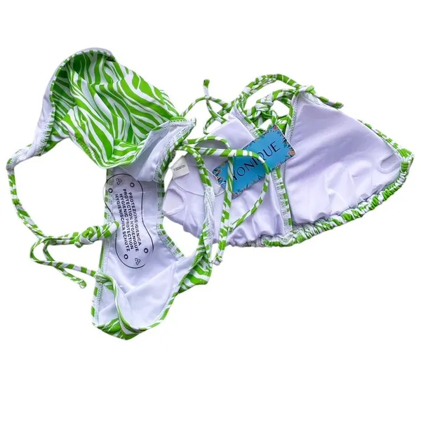 NWT ~ Set/3 Lime Green & White Zebra Drawstring Bikini Swimsuit & Sarong ~ MED. - Image 8