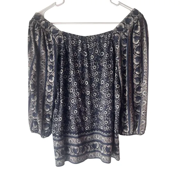 Lucky Brand Women's Size‎ Medium Blue Boho Floral Soft Modal 3/4 Sleeve Blouse - Image 5