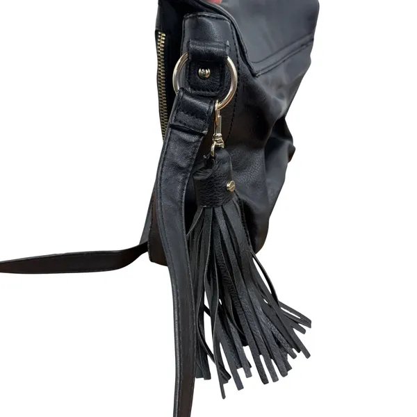 Black Faux Leather Crossbody‎ Bag with Tassel Fringe Boho Moto Emo Whimsygoth - Image 2