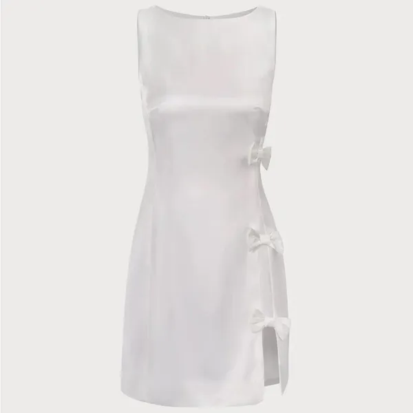 RIHOAS The White Boat Neck Bowknot Satin Mini Dress S - Image 6