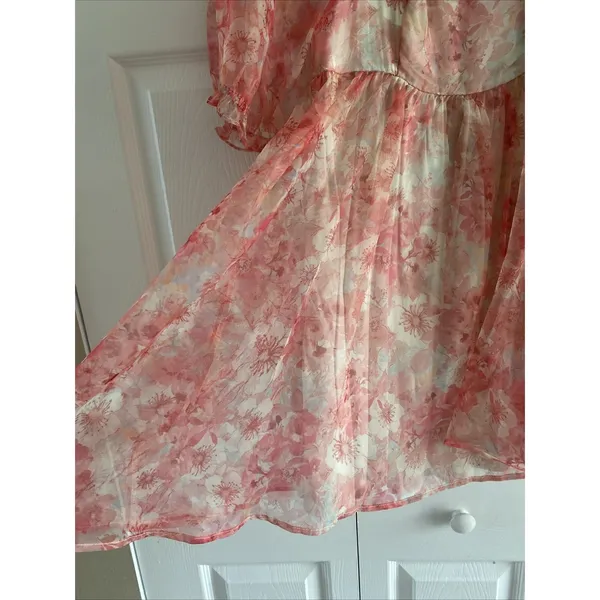 Audrey Parks Francesca's‎ Floral Puff Sleeve Babydoll Dress Womens Size M Pink - Image 4