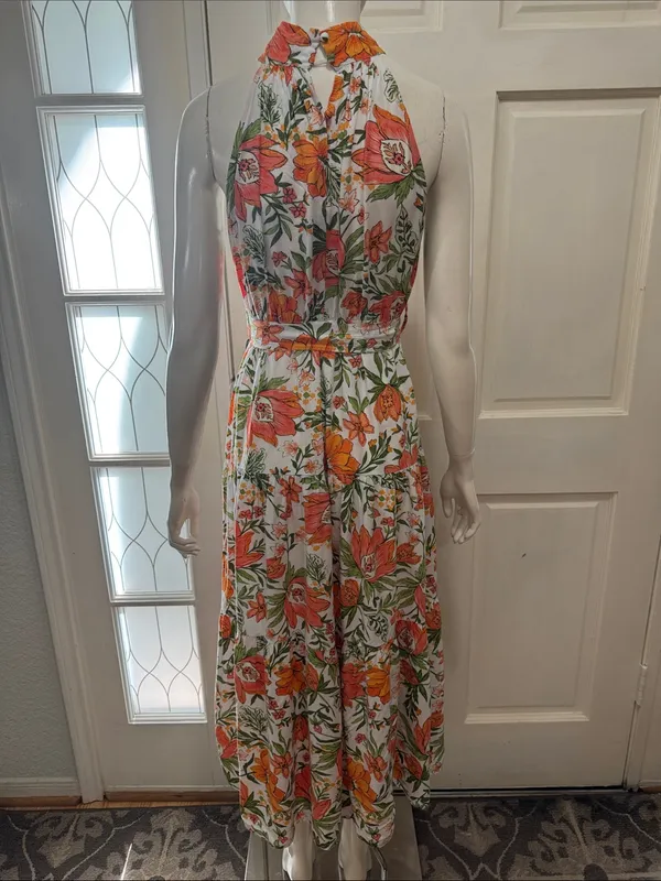 Petal&Pup Floral Halter Maxi Dress in White with Orange & Green Size 4 - Image 11