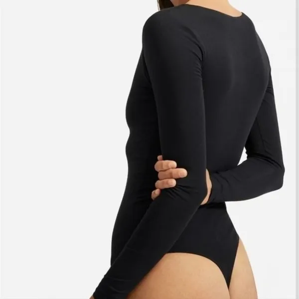 Everlane Womens The Long-Sleeve V-Neck Bodysuit Black Thong XS - Image 2