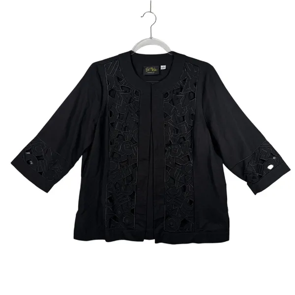 Bob Mackie Wearable Art Jacket Open Front‎ Geometric Cutout Black Small Linen - Image 2