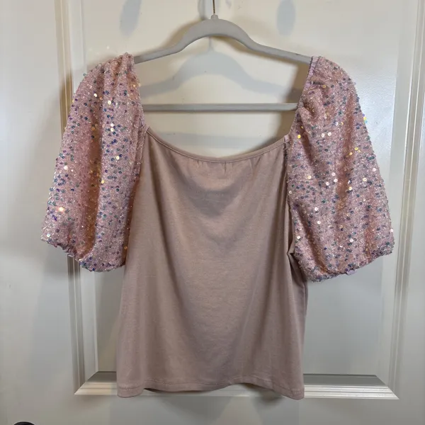 NEW Grace & Emma Boutique Large Pink Knit Shirt Iridescent Sequin Puff Sleeves - Image 6