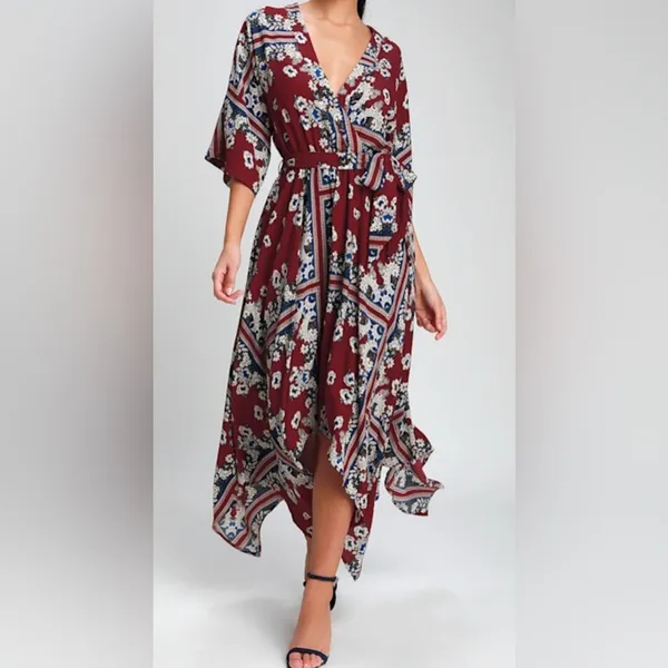 Lulu's Burgundy Boho Maxi Vacation Garden Party Wedding Guest dress size medium - Image 3