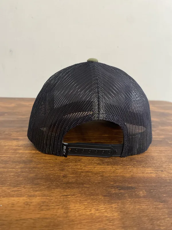 RVCA Olive Green and Black Trucker Hat with Leather Patch - Image 2