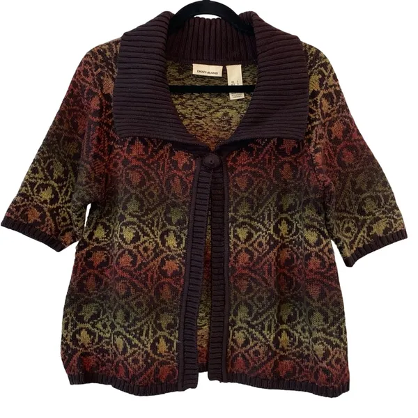 DKNY Jeans Cardigan Lg Brown Multicolor Knit‎ Short Sleeve Button Boho Sweater - Image 2