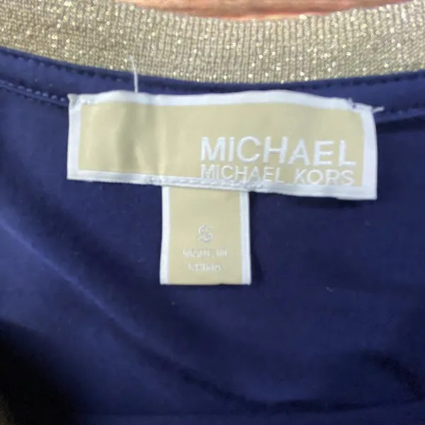 Michael Kors Navy Blue Flared Dress Size Small Short Sleeve Gold Trim - Image 5