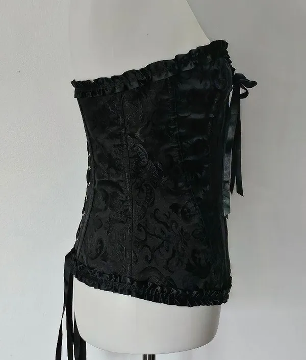 Black Satin Jacquard Lace Up Back Corset Size XL - Image 4