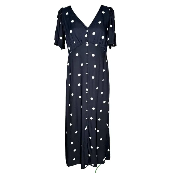 Old Navy M Polka Dot Midi Dress Navy Full‎ Button Front Classic Empire Waist - Image 3