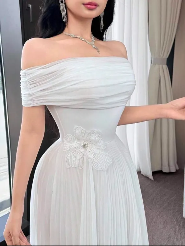 Off-Shoulder White Midi Dress with Pleated Skirt - Image 4