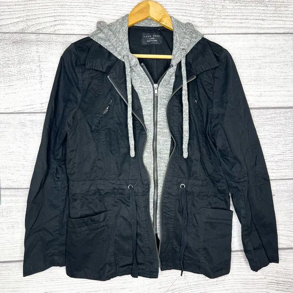 Love Tree Black & Gray Double Layer Hooded Jacket Size Large - Image 2