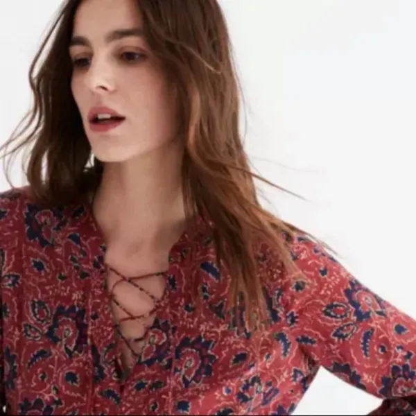Madewell Size Large 100% Silk Assam Floral Babydoll Dress LaceUp Fall Rust Print - Image 4