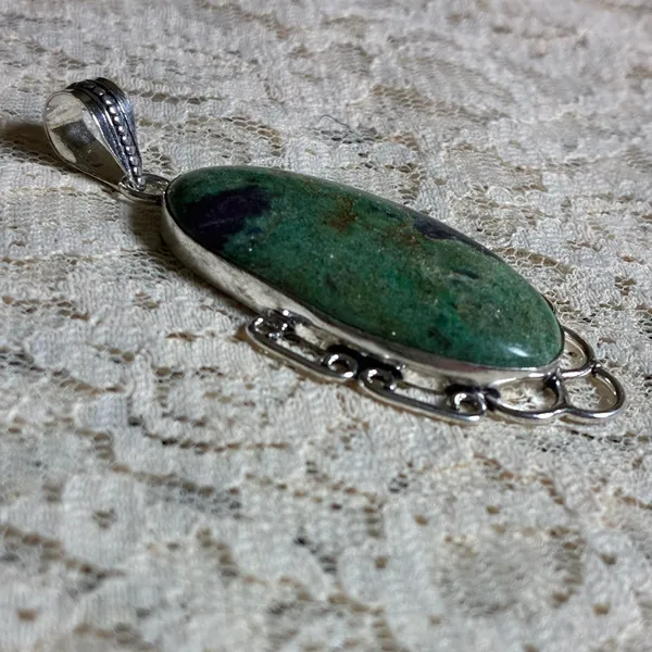 Oval Green Chrysocolla Gemstone Silver Plate Pendant - Image 2