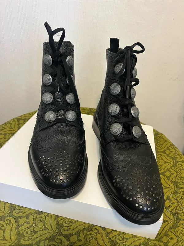 Zara Black Lace-Up Brogue Boots with Decorative Silver Buttons - Image 2