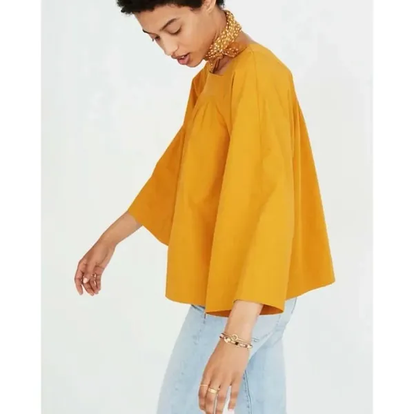 Madewell Blouse Square Neck Mustard Flared Sleeves Boho SZ L #2637 - Image 2