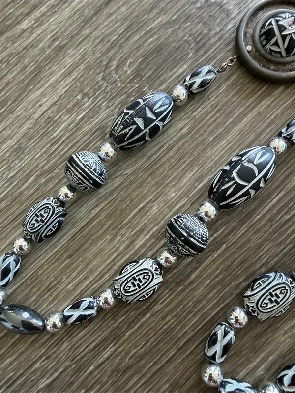 Bohemian whimsy goth witchy black white long necklace beaded medallions - Image 4