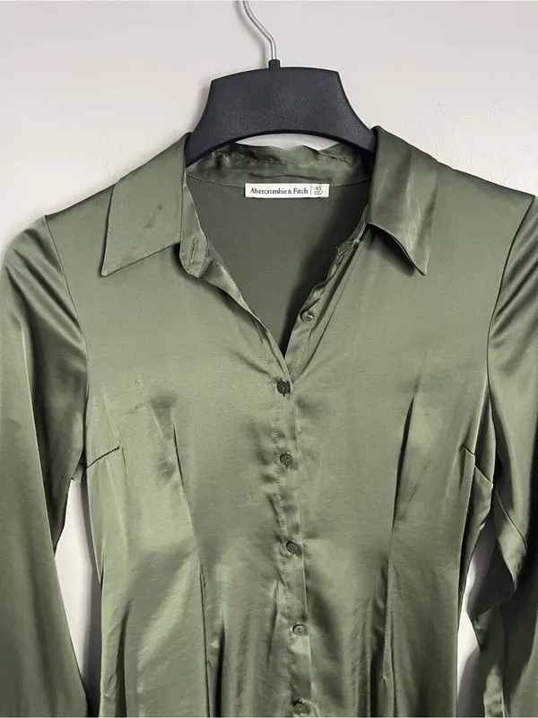 ABERCROMBIE & FITCH Olive Green Satin Button-Front Long Sleeve Mini Dress Sz XS - Image 5