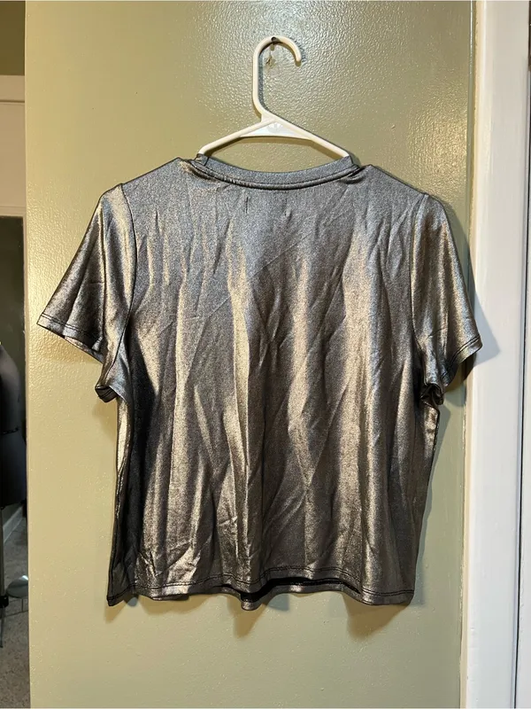 Porridge Anthropologie Women’s Size Medium Petite Shine Glam Tee Metallic Silver - Image 8