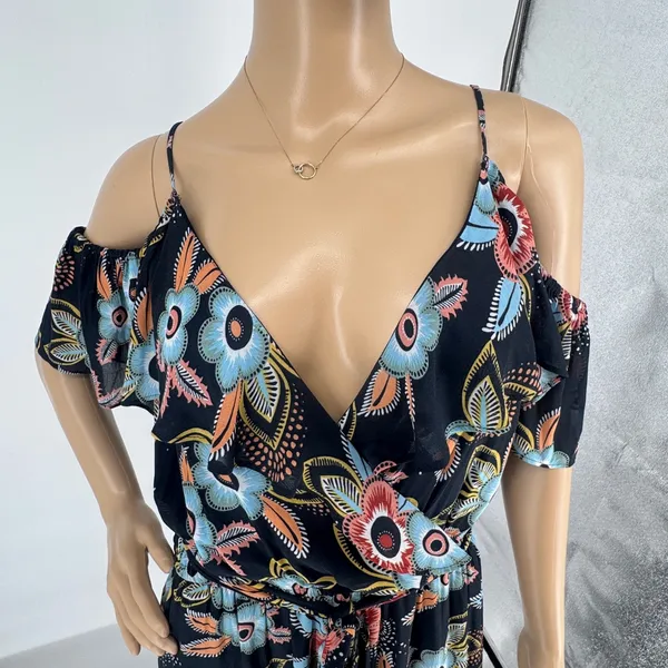 Ann Taylor Loft Floral Cold Shoulder Maxi Dress Navy Blue‎ Large Wrap Tie Waist - Image 4