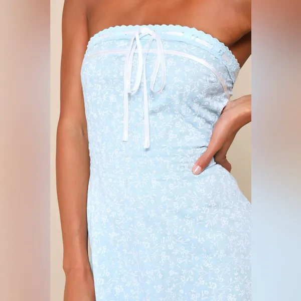 Lulus Precious Babe Light Blue Floral Ribbon Strapless Mini Dress Coquette - Image 2
