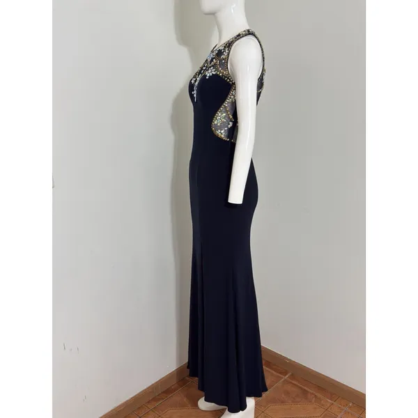 Betsy & Adam Maxi Dress Black Mesh Beaded Rhinestone Gown Sleeveless Crew Neck 2 - Image 2