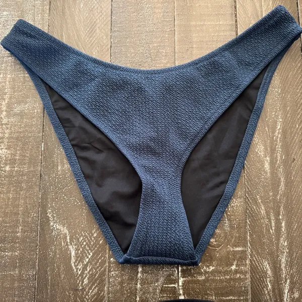 J. Crew NWT Bikini Bottom‎ Women’s L Curved Waist Navy Blue Scrunchie - Image 3