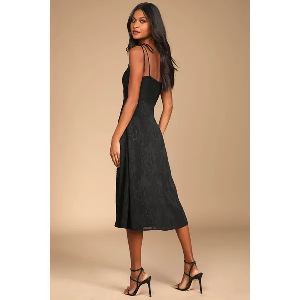 NWT Lulus Loveliest Looks Black Floral Jacquard Tie-Strap Midi Dress Party Sz M - Image 3
